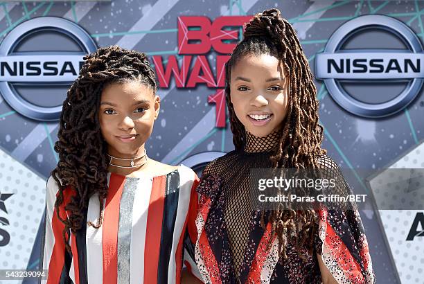 Recording artists Halle Bailey and Chloe Bailey of Chloe X Halle attend the 2016 BET Awards at the Microsoft Theater on June 26, 2016 in Los Angeles,...