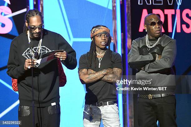Recording artists Snoop Dogg, Jacquees and Birdman speak onstage during the 2016 BET Awards at the Microsoft Theater on June 26, 2016 in Los Angeles,...