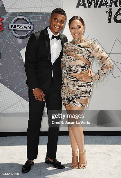 Cory Hardrict and Tia Mowry attend the 2016 BET Awards at Microsoft Theater on June 26, 2016 in Los Angeles, California.
