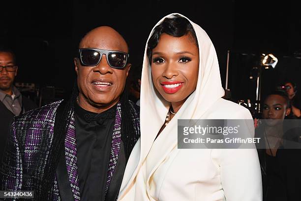 Singers Stevie Wonder and Jennifer Hudso attend the 2016 BET Awards at the Microsoft Theater on June 26, 2016 in Los Angeles, California.