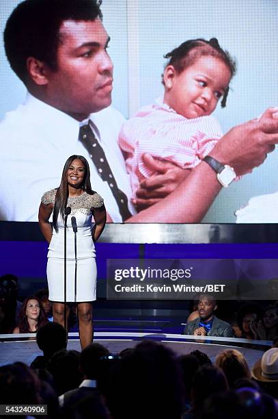Retired boxer Laila Ali speaks onstage during the 2016 BET Awards at the Microsoft Theater on June 26, 2016 in Los Angeles, California.