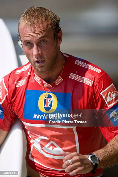 Mick Fanning is shown during a pause in action in the Quiksilver Pro Japan September 3, 2005 in Chiba, Japan. The Quiksilver is the seventh of 11...