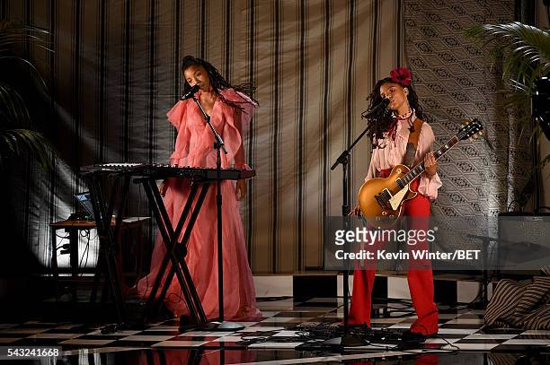Recording artists Chloe Bailey and Halle Bailey of Chloe x Halle perform onstage during the 2016 BET Awards at the Microsoft Theater on June 26, 2016...
