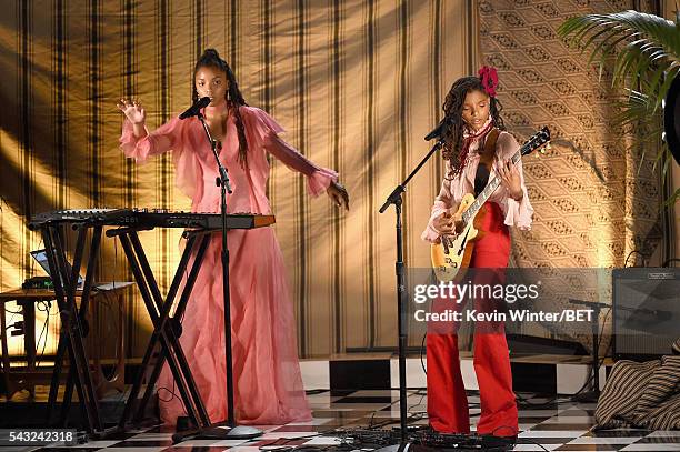 Recording artists Chloe Bailey and Halle Bailey of Chloe x Halle perform onstage during the 2016 BET Awards at the Microsoft Theater on June 26, 2016...