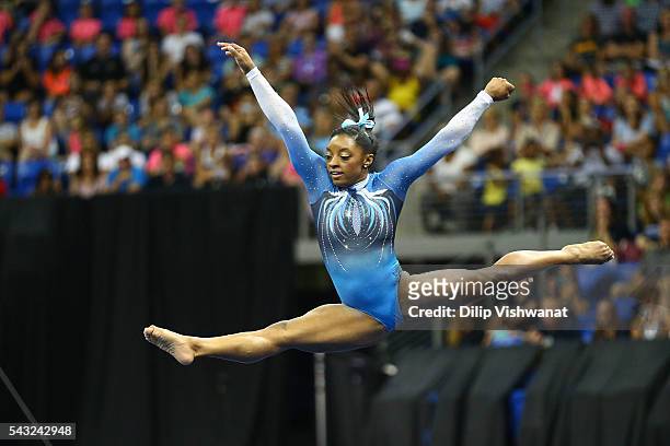 Simone Biles competes in the floor exercise during day two of the 2016 P&G Gymnastics Championships at Chafitz Arena on June 26, 2016 in St. Louis,...