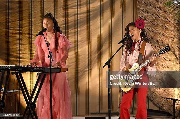 Recording artists Chloe Bailey and Halle Bailey of Chloe x Halle perform onstage during the 2016 BET Awards at the Microsoft Theater on June 26, 2016...