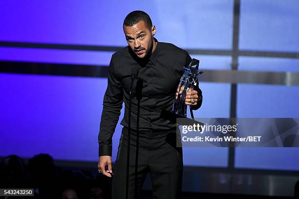 Honoree Jesse Williams accepts the Humanitarian Award onstage during the 2016 BET Awards at the Microsoft Theater on June 26, 2016 in Los Angeles,...