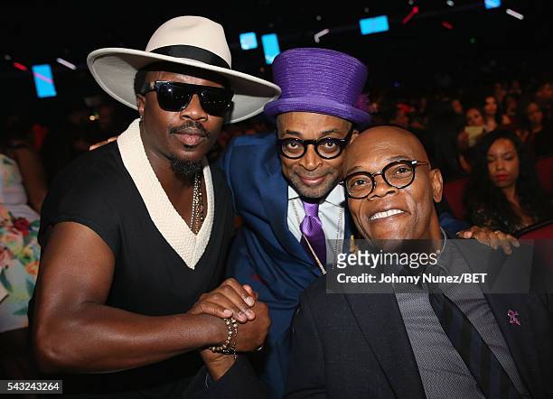 Singer-songwriter Anthony Hamilton, director Spike Lee and actor Samuel L. Jackson attend the 2016 BET Awards at the Microsoft Theater on June 26,...