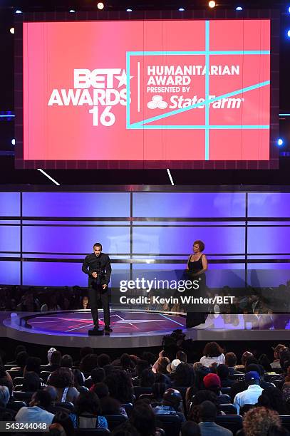 Chairman and CEO of BET Networks Debra L. Lee presents the Humanitarian Award to honoree Jesse Williams onstage during the 2016 BET Awards at the...