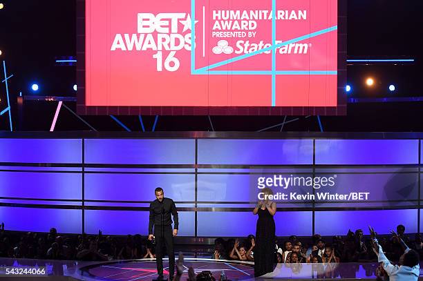 Chairman and CEO of BET Networks Debra L. Lee presents the Humanitarian Award to honoree Jesse Williams onstage during the 2016 BET Awards at the...