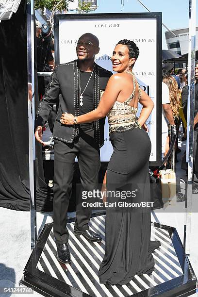 Professional boxer Floyd Mayweather and Melissia Brim attend the Cover Girl glam stage during the 2016 BET Awards at the Microsoft Theater on June...