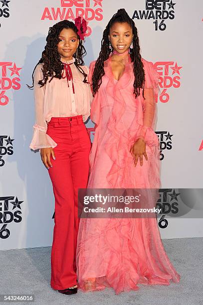 Recording artists Halle Bailey and Chloe Bailey of Chloe X Halle pose for pictures in the press room during the 2016 BET Awards at Microsoft Theater...