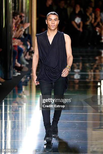 Designer Olivier Rousteing walks the runway during the Balmain Menswear Spring/Summer 2017 show designed by Olivier Rousteing as part of Paris...