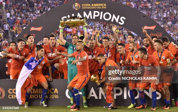 Chile's players celebrate after winning the Copa America Centenario final by defeating Argentina in the penalty shoot-out in East Rutherford, New...