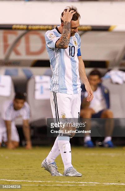 Lionel Messi of Argentina reacts during penalty kick shootout in the championship match between Argentina and Chile at MetLife Stadium as part of...