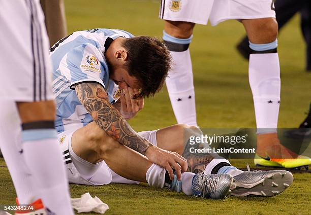 Lionel Messi of Argentina reacts after loosing the championship match between Argentina and Chile at MetLife Stadium as part of Copa America...