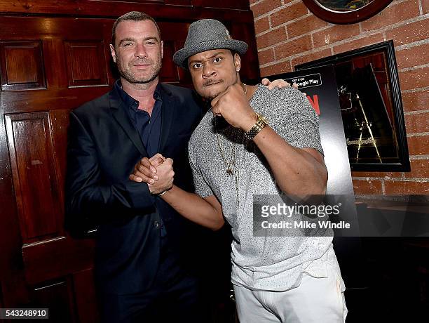Actors Liev Schreiber and Pooch Hall attend a viewing party for Showtime's "Ray Donovan" at O'Brien's Irish Pub on June 26, 2016 in Santa Monica,...