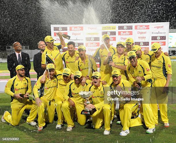 Australia celebrate during the Tri-Nation Series One-day International Final between West Indies and Australia at the Kensington Oval on June 26,...