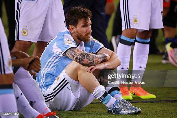 Lionel Messi of Argentina reacts after losing the championship match between Argentina and Chile at MetLife Stadium as part of Copa America...