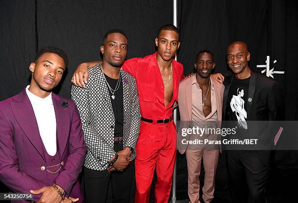 Actors Algee Smith, Woody McClain, Keith Powers, Elijah Kelley, and BET Music Programming and Specials President Stephen G. Hill attend the 2016 BET...