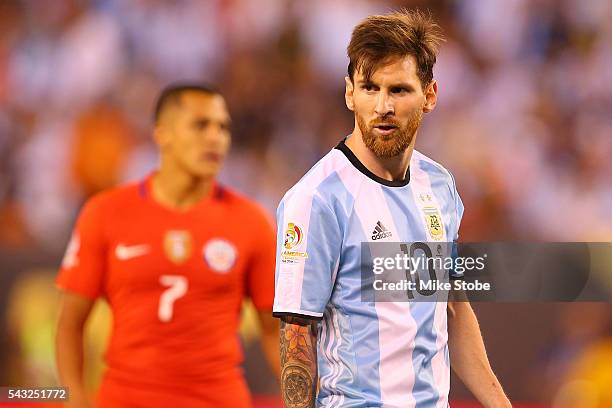 Lionel Messi of Argentina looks on against Chile during the Copa America Centenario Championship match at MetLife Stadium on June 26, 2016 in East...