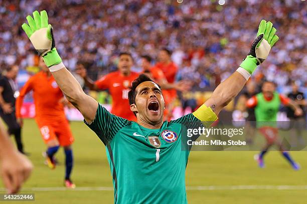 Claudio Bravo of Chile celebrates after defeating the Argentina to win the Copa America Centenario Championship match at MetLife Stadium on June 26,...