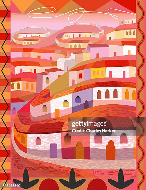 mexican town on hills in folk style illustration - casa stock-grafiken, -clipart, -cartoons und -symbole