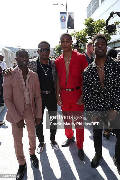 Actor/singers Elijah Kelley, Woody McClain, Keith Powers, and Luke James attend the BET Awards post show in the Cricket Lounge after the 2016 BET...