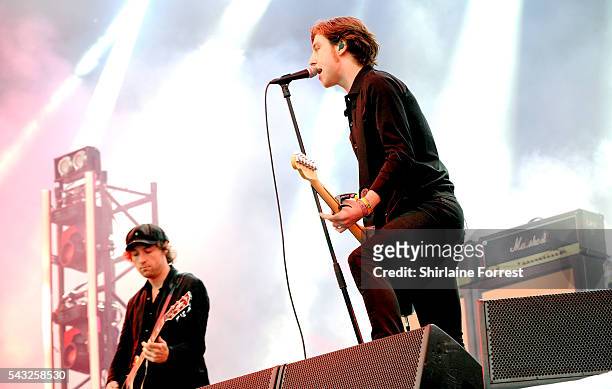 Van McCann and Benji Blakeway of Catfish and the Bottlemen perform on The Other Stage at Glastonbury Festival 2016 at Worthy Farm, Pilton on June 25,...