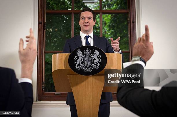 Chancellor George Osborne speaks at The Treasury, where he moved to try to calm market turmoil triggered by the pro-Brexit vote on June 27, 2016 in...