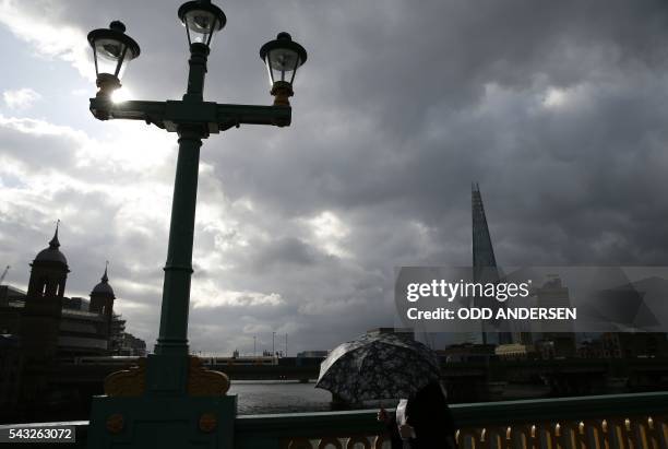 Lone commuter shelters from the rain beneath her umbrella as she heads into the City of London across Southwark Bridge in front of the Shard...