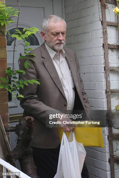 Labour Leader Jeremy Corbyn leaves his home in North London as resignations from his shadow cabinet continue on June 27, 2016 in London, England. In...