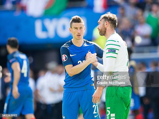 Laurent Koscielny , Richard Keogh during the Euro 2016 round of 16 football match between France and Republic of Ireland at the Parc Olympique...