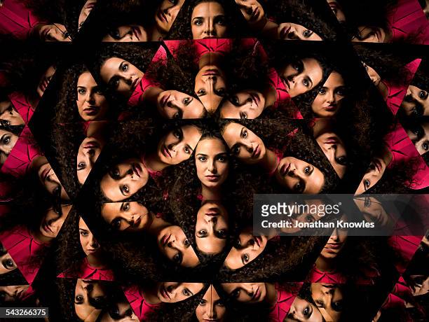 kaleidoscope portraits a female, looking at camera - multiple images of the same person stock pictures, royalty-free photos & images