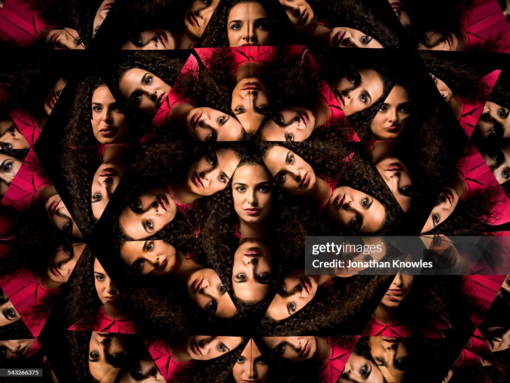 Kaleidoscope portraits a female, looking at camera