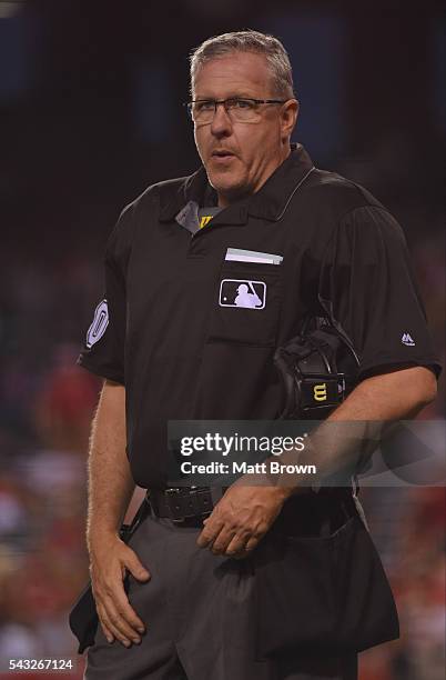 Umpire Paul Emmel during the fourth inning of the game between the Oakland Athletics and the Los Angeles Angels of Anaheim at Angel Stadium of...