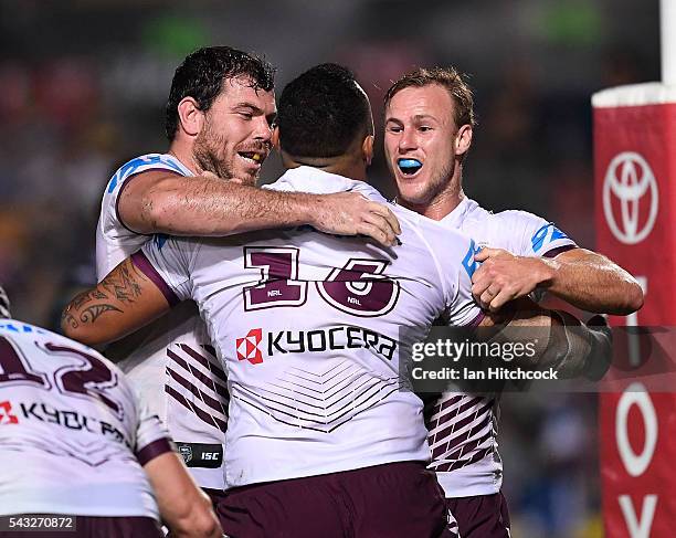 Addin Fonua-Blake of the Sea Eagles celebrates after scoring a try with Daly Cherry-Evans of the Sea Eagles during the round 16 NRL match between the...