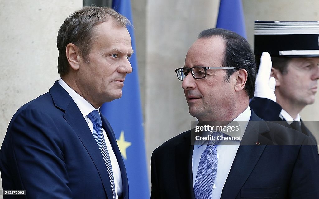 French President Francois Hollande Receives Donald Tusk, President of The European Council, At Elysee Palace In Paris