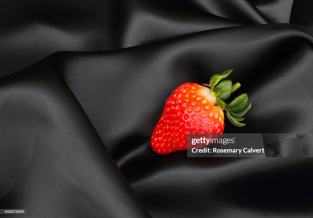 Red strawberry and black silk in dramatic contrast