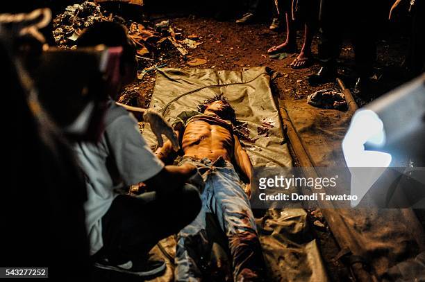 Drug suspect is killed in a shootout during a buy bust operation conducted by police on June 25, 2016 in Manila, Philippines. The president-elect of...