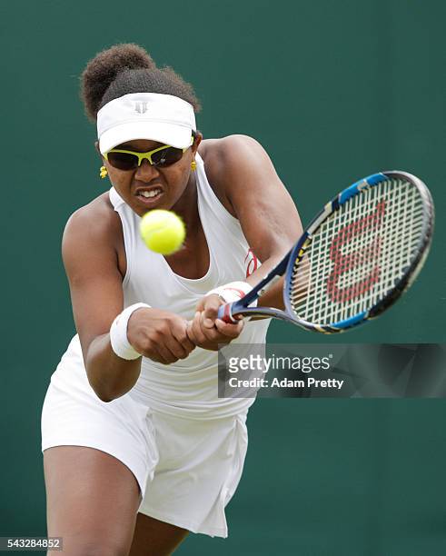 Victoria Duval of The United States plays a plays a backhand shot during the Ladies Singles first round match against Daria Kasatkina of Russia on...