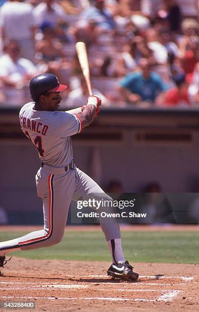 Julio Franco of the Cleveland Indians circa 1988 bats against the California Angels at the Big A in Anaheim, California