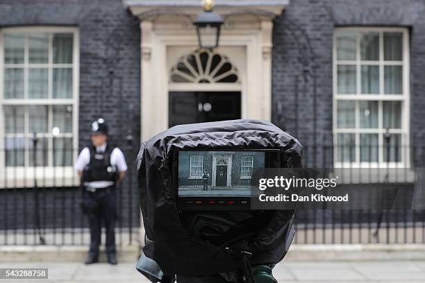 View through a camera which is focused on the front door of number 10 Downing Street following a cabinet meeting on June 27, 2016 in London, England....