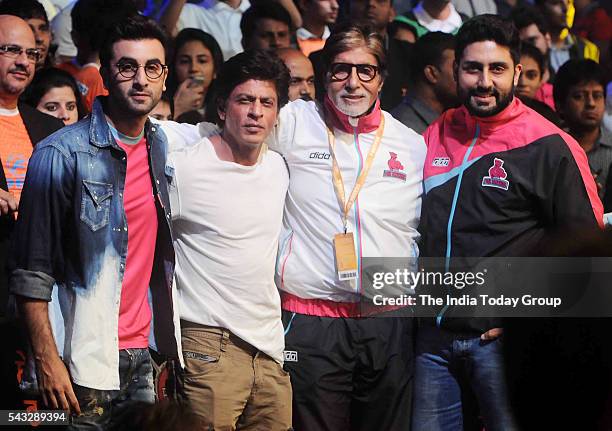 Abhishek Bachchan, Shah Rukh Khan, Amitabh Bachchan and Ranbir Kapoor during the fourth season of Pro-Kabaddi League 2016.