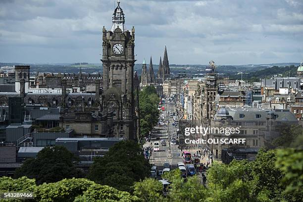 Princes Street is pictured from Calton Hill in the centre of Edinburgh, Scotland on June 27, 2016. British leaders battled to calm markets and the...