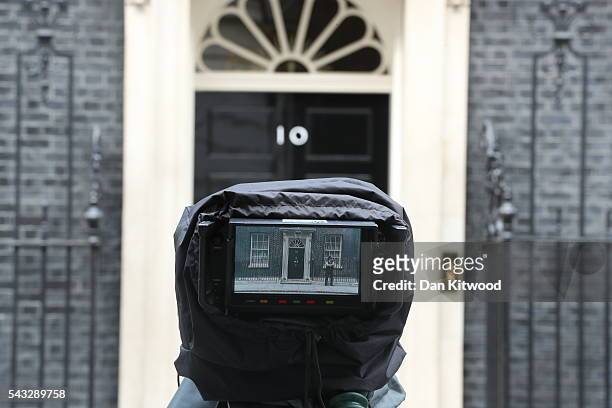 View through a camera which is focused on the front door of number 10 Downing Street following a cabinet meeting on June 27, 2016 in London, England....
