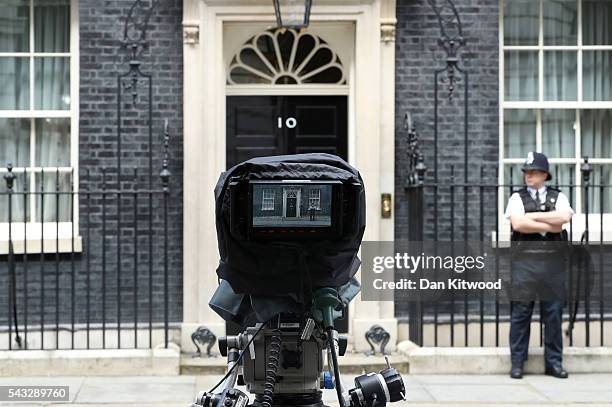 View through a camera which is focused on the front door of number 10 Downing Street following a cabinet meeting on June 27, 2016 in London, England....