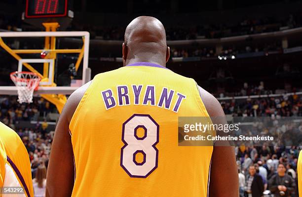 Shaquille O''Neal of the Los Angeles Lakers wearing the jersey of Kobe Bryant before the game against the Houston Rockets at Staples Center in Los...