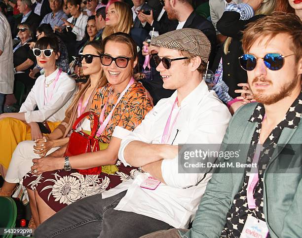 Erin O'Connor, Maria Hatzistefanis, Alfie Allen and Arthur Darvill attend the evian Live Young suite during Wimbledon 2016 at the All England Tennis...