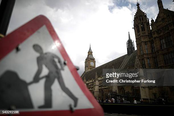 Beware roadworks' sign stands outside parliament as David Cameron holds his first cabinet meeting since Brexit on June 27, 2016 in London, England....
